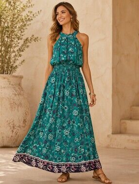NEW! Green Floral Paisley Print Halter Flowy Maxi Dress